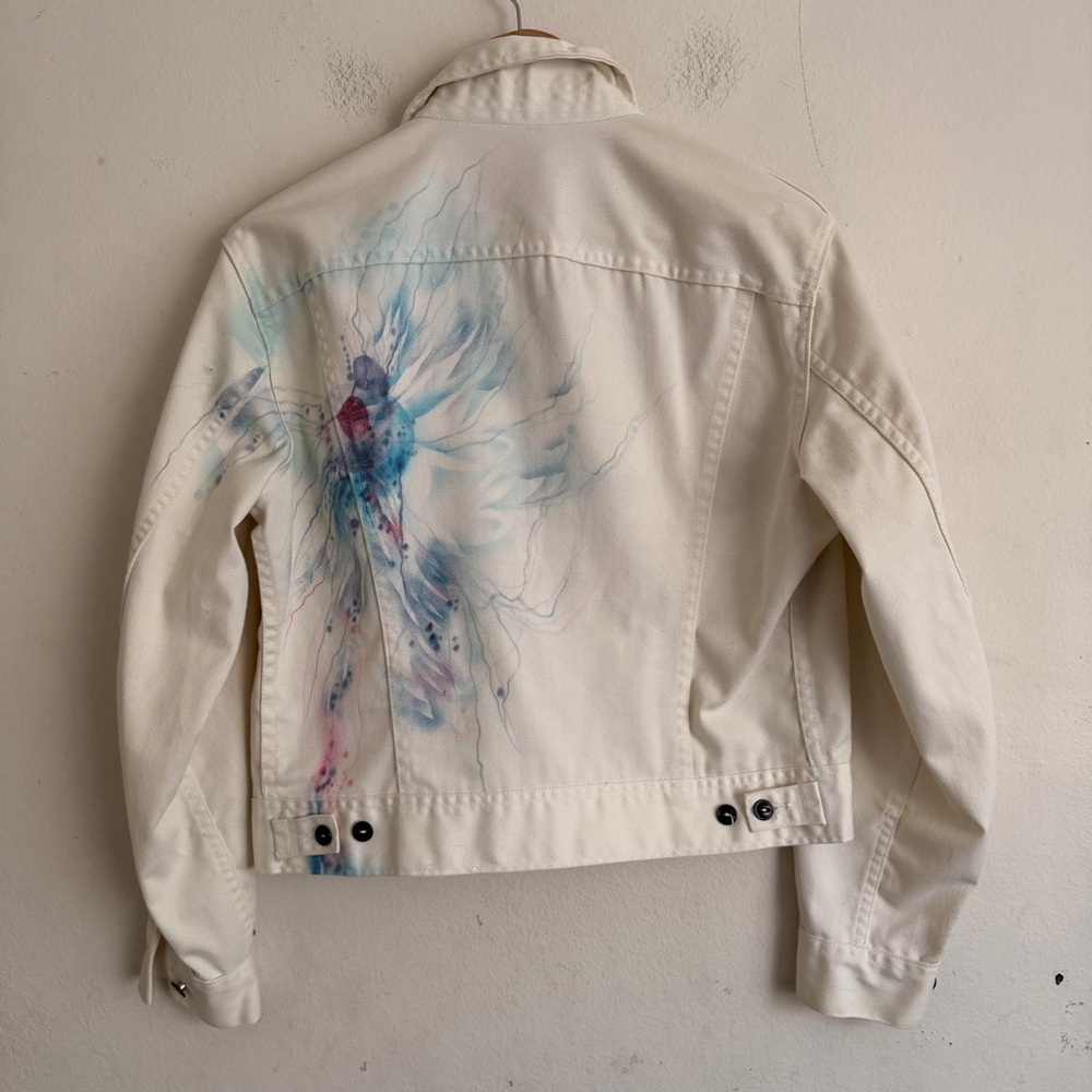 Vintage Lee Riders Hand Painted Denim Jacket White Artsy Boho Watercolor OOAK - Picture 3 of 12